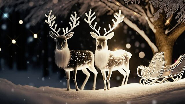 reindeer christmas illumination, falling snow, animated background with reindeer
