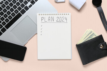 Notebook with empty to do list, laptop and money on pink background