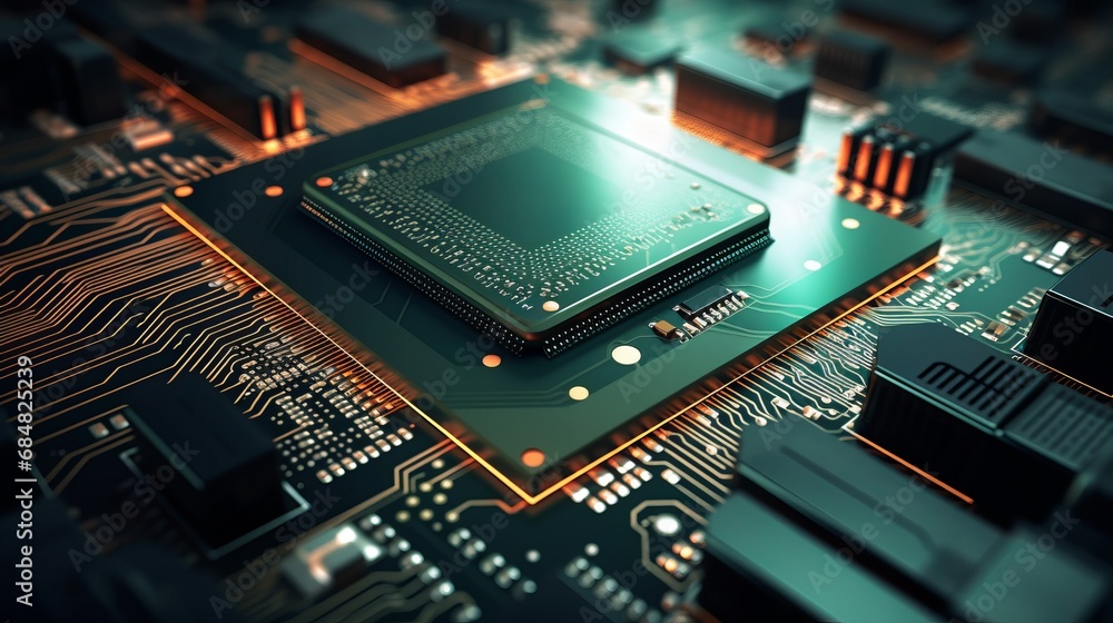 Poster close-up on an advanced gpu ram microchip. cutting-edge technology