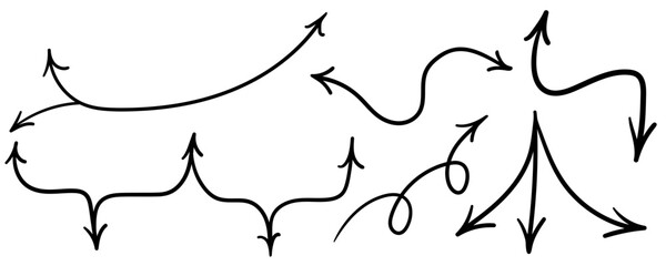 simple black arrow set in vector. pointer icon in doodle style. graphics for application sites for layout and printing of texts and images