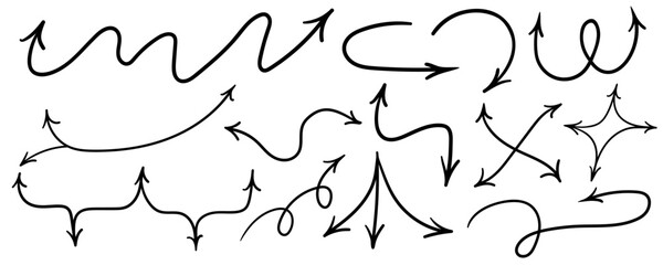 simple black arrow set in vector. pointer icon in doodle style. graphics for application sites for layout and printing of texts and images