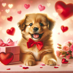 Puppy with bow tie among hearts and gifts in a festive Valentine's setting