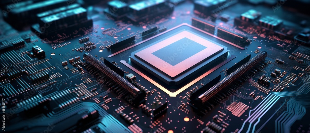 Poster close-up on an advanced gpu ram microchip. cutting-edge technology