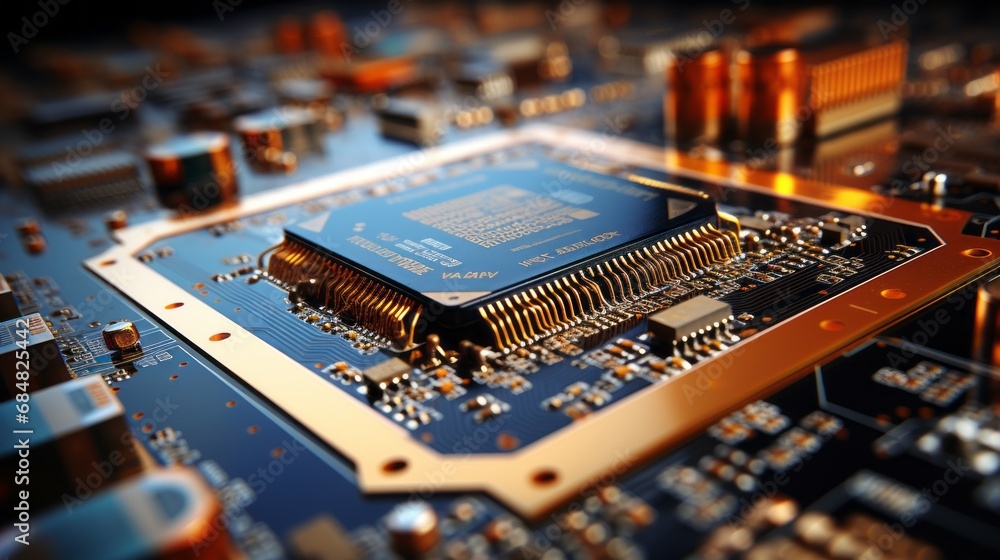 Poster close-up on an advanced gpu ram microchip. cutting-edge technology