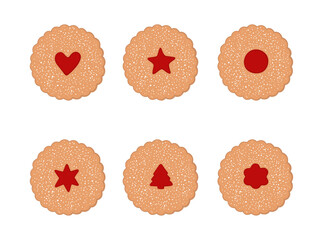Hand drawn linzer Christmas cookies set. Traditional cookies with jam in different shapes