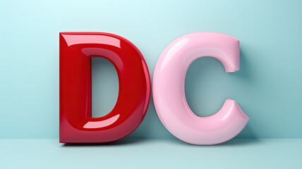 DC palabra escrita con la letra D roja y la C rosa sobre fondo azul pálido, visto de frente, ajusta colores, distrito capital, cartel causa - obrazy, fototapety, plakaty