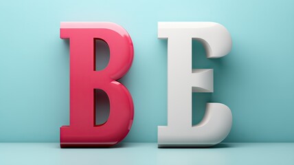 BE palabra escrita con la letra B rosa y la E blanca sobre fondo azul pálido, visto de frente, ajusta colores, ser, estar, declaración, cartel causa