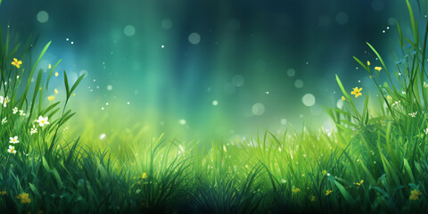 Fototapeta premium Spring background with green grass and flowers, copy space