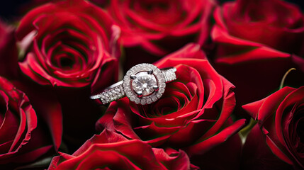 two diamond rings In the center were red flowers surrounding it.