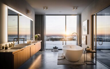 Fototapeta na wymiar Luxurious Escape: Dive into the Serene Elegance of a Modern and Pristine Bathroom Haven!