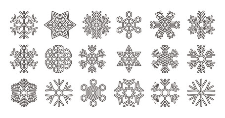 Cute snowflakes collection isolated on transparent background. Flat outline snow icons. New year ornament.