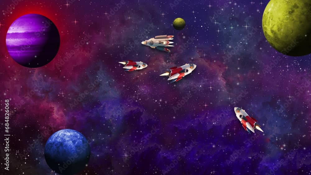 Poster Cartoon Animation Of Rocket Flying In Outer Space, 2d Cartoon Animation Of Rocket Flying In Space. Rocket Flying In Space Through The Universe With Planets 