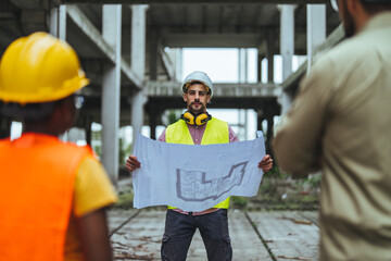 Real Estate Project Construction Site with Architectural Engineer, Investor and Worker Completing Building Development . Futuristic Concept of Buildings