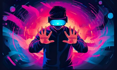 VR Gamer Exploring a Virtual World with His Hands, Colorful Cartoon Style