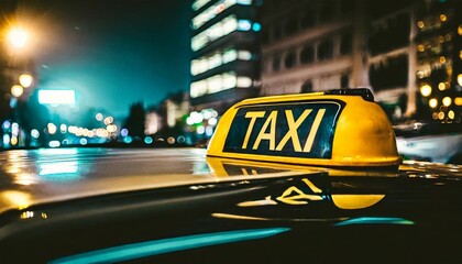 AI generated illustration of a yellow taxi cap resting on a vintage taxi car parked on a city street