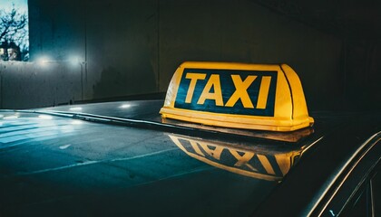 AI generated illustration of a yellow taxi sign illuminated on the rooftop of a black car