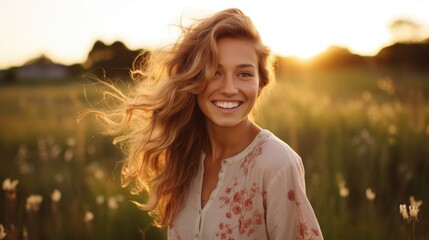 Radiant young woman with sun-kissed hair smiling broadly in a field at sunset, the golden hour light creating a warm and joyous atmosphere.