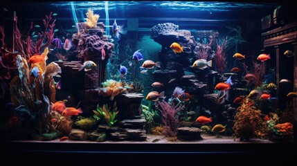 A bustling and colorful home aquarium full of life, featuring a diverse array of fish and coral species creating a vivid underwater landscape.