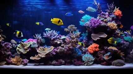 Naklejka na ściany i meble A serene aquarium scene with a variety of tropical fish, including yellow tangs and a Moorish idol, swimming among a diverse array of vibrant corals and sea life.