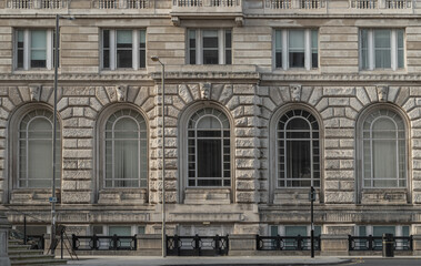 Fototapeta na wymiar Exterior architecture of The cunard building. Pier Head, One of the Three Graces of Liverpool waterfront, Space for text, Selective focus.