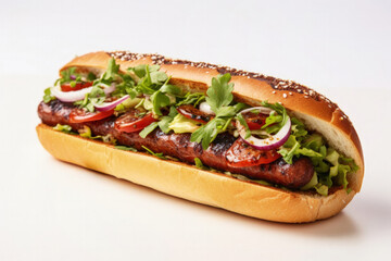 A Moroccan merguez sausage sandwich side view isolated on white background 