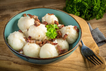 Meat stuffed potato dumplings.