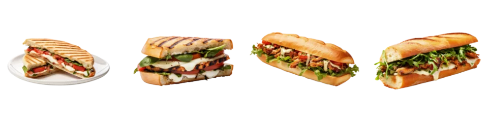 Fotobehang Set of different sandwiches such as Italian Caprese panini, Italian porchetta sandwich © Nataliia