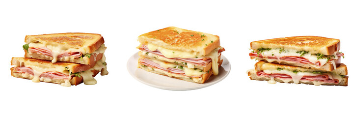 Set of gourmet French croque-monsieur sandwich side view isolated transparent