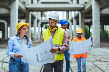 Group Construction workers looking at blueprints on construction site. Construction industry concept - architects and engineers discussing work progress between concrete walls, scaffolds and cranes.