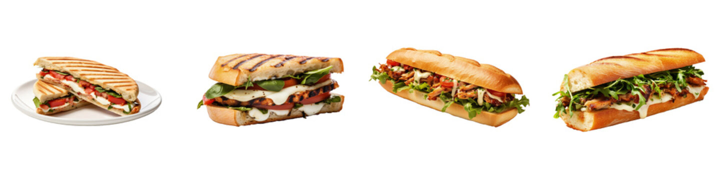 Set of different sandwiches such as Italian Caprese panini, Italian porchetta sandwich