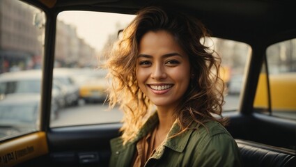 happy smiling female taxi passenger