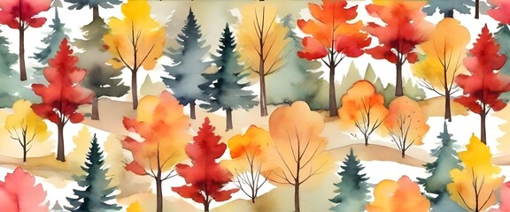 Autumn forest landscape. Red and yellow trees. Colorful watercolor painting of fall season. Generative AI