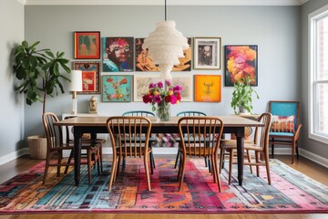 A bohemian-inspired dining room with mismatched chairs, a colorful rug, and eclectic wall art.