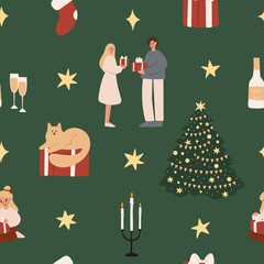 Merry Christmas seamless pattern, family decorating Christmas tree digital paper, presents gifts scrapbook paper, diverse character background, xmas vector illustration clipart, flat style images.