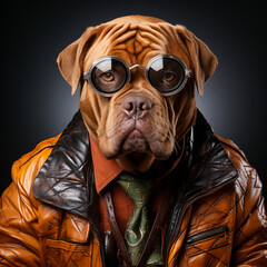 stylistic illustration of a Dogue de Bordeaux mastiff dog in various clothing styles and interiors for lovers of the breed and for a positive mood