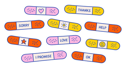 Set of plasters with words of comfort. Cure with words, feelings, care. Patches. Medical item. Concept of help for mental and psychological health. Quick help with treatment. Doodle. Vector