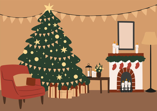 Merry Christmas background clipart, christmas tree vector illustration, cozy home wall art print, fireplace printable poster, xmas festive interior digital download card, flat style images.