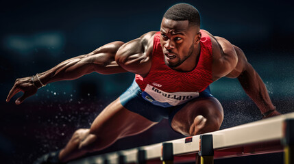 Hurdler mid-leap clearing barrier with precision vibrant hurdles