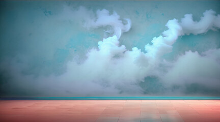 The wall of the room with painted clouds, smoke, pleasant bright colors, turquoise dominates, the baseboard and floor are orange. Background for inscription, announcement, advertising