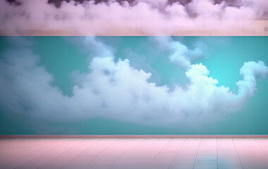 The wall of the room with painted clouds, smoke, pleasant bright colors, turquoise dominates, the baseboard and floor are pink. Background for inscription, announcement, advertising