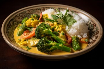 A bowl of creamy coconut curry with vegetables and fragrant jasmine rice.