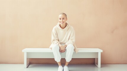 female cancer patient, sitting on a bench inside a clinic, pastel earth tone colors, copy space, 16:9