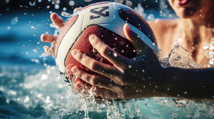Close-up of water polo player's hand gripping ball strength