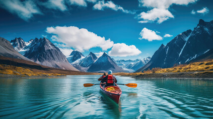 Kayaking journey river distant mountains - obrazy, fototapety, plakaty