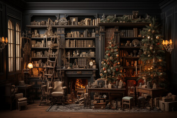 magical Christmas library burning candles decorated tree lots of books quiet