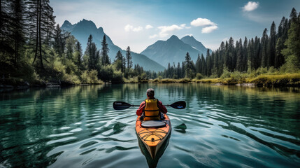 Kayaking journey river distant mountains
