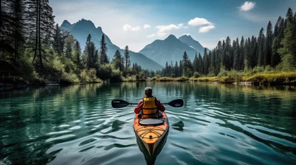 Foto op Plexiglas Kayaking journey river distant mountains © javier