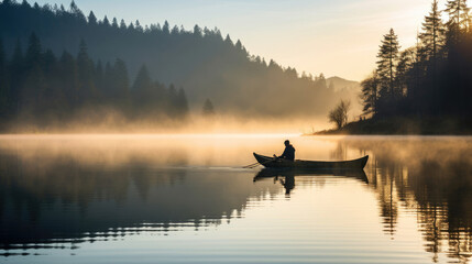Mist-covered lake calm dawn paddle