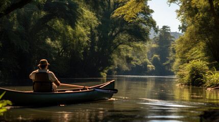 Canoeist by tranquil river serene - obrazy, fototapety, plakaty