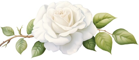 In a vibrant illustration, a solitary white rose delicately isolated against a white background embodies the beauty of nature in summer, serving as a gift of love and light. This floral marvel